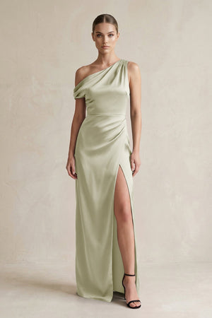 One - Shoulder Satin Sheath Bridesmaid Dress With Slit in Frost - KISS BRIDAL Bridesmaid Dresses