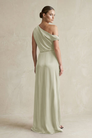 One - Shoulder Satin Sheath Bridesmaid Dress With Slit in Frost - KISS BRIDAL Bridesmaid Dresses