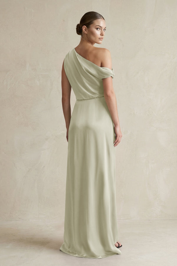One - Shoulder Satin Sheath Bridesmaid Dress With Slit in Frost - KISS BRIDAL Bridesmaid Dresses