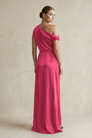 One - Shoulder Satin Sheath Bridesmaid Dress With Slit in Fuchsia - KISS BRIDAL Bridesmaid Dresses