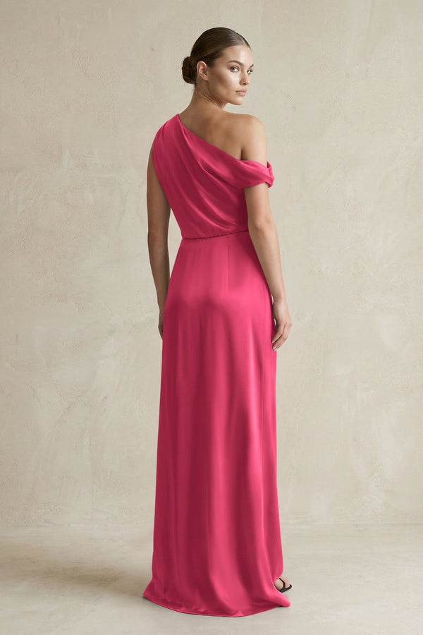 One - Shoulder Satin Sheath Bridesmaid Dress With Slit in Fuchsia - KISS BRIDAL Bridesmaid Dresses