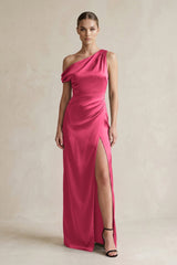 One - Shoulder Satin Sheath Bridesmaid Dress With Slit in Fuchsia - KISS BRIDAL Bridesmaid Dresses