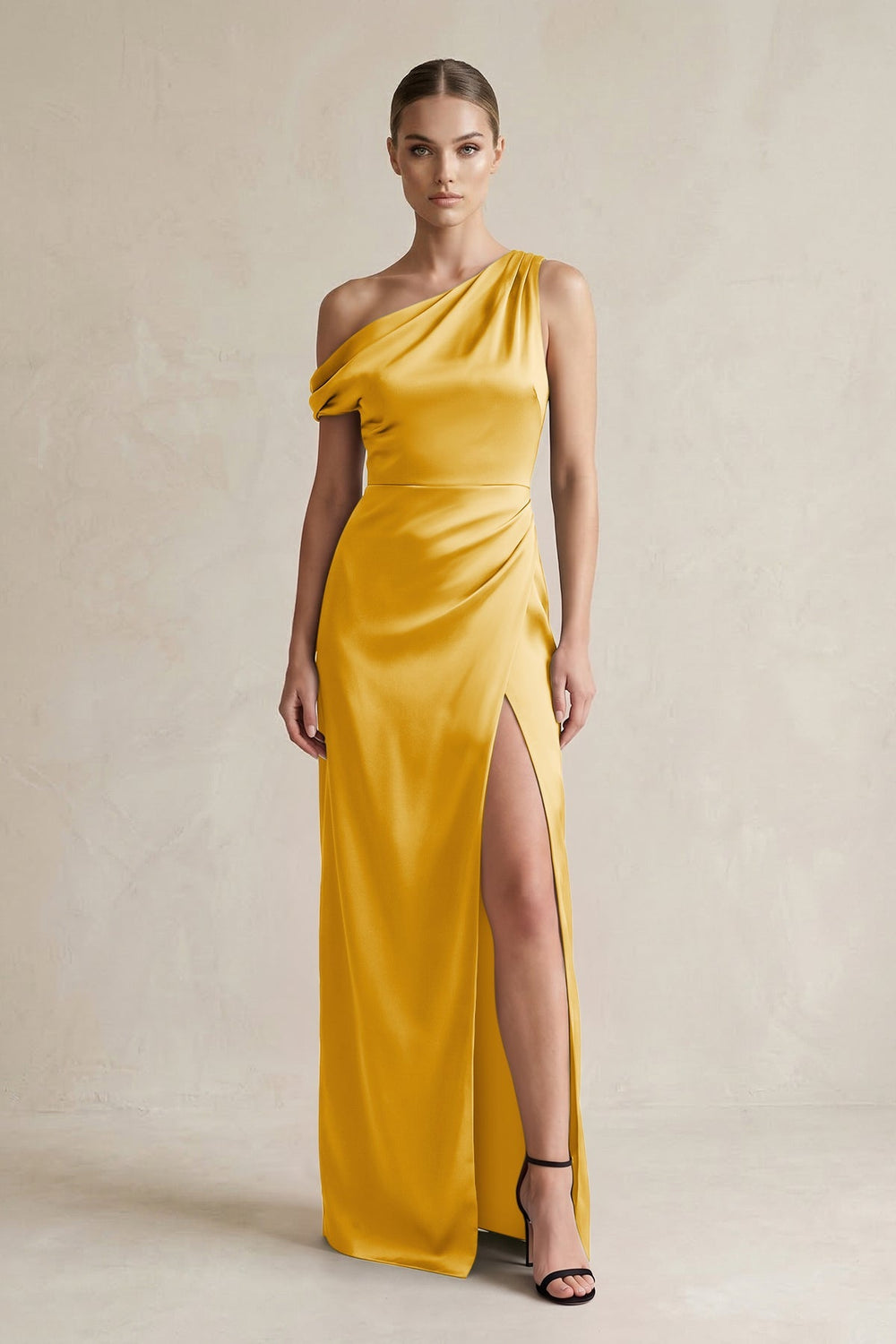 One - Shoulder Satin Sheath Bridesmaid Dress With Slit in Gold - KISS BRIDAL Bridesmaid Dresses