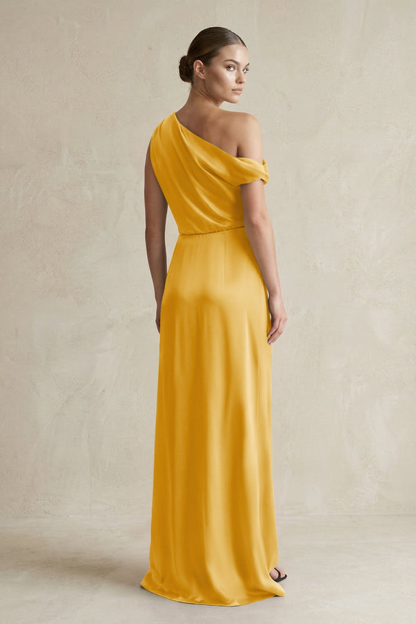 One - Shoulder Satin Sheath Bridesmaid Dress With Slit in Gold - KISS BRIDAL Bridesmaid Dresses