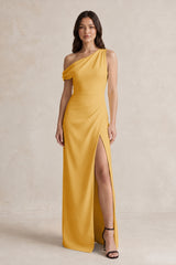 One-Shoulder Satin Sheath Bridesmaid Dress With Slit in Gold - KISSBRIDAL