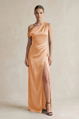 One - Shoulder Satin Sheath Bridesmaid Dress With Slit in Golden Champagne - KISS BRIDAL Bridesmaid Dresses