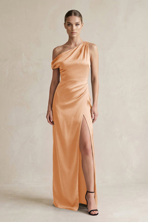 One - Shoulder Satin Sheath Bridesmaid Dress With Slit in Golden Champagne - KISS BRIDAL Bridesmaid Dresses