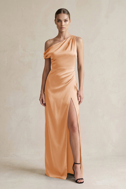 One - Shoulder Satin Sheath Bridesmaid Dress With Slit in Golden Champagne - KISS BRIDAL Bridesmaid Dresses