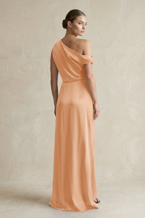 One - Shoulder Satin Sheath Bridesmaid Dress With Slit in Golden Champagne - KISS BRIDAL Bridesmaid Dresses