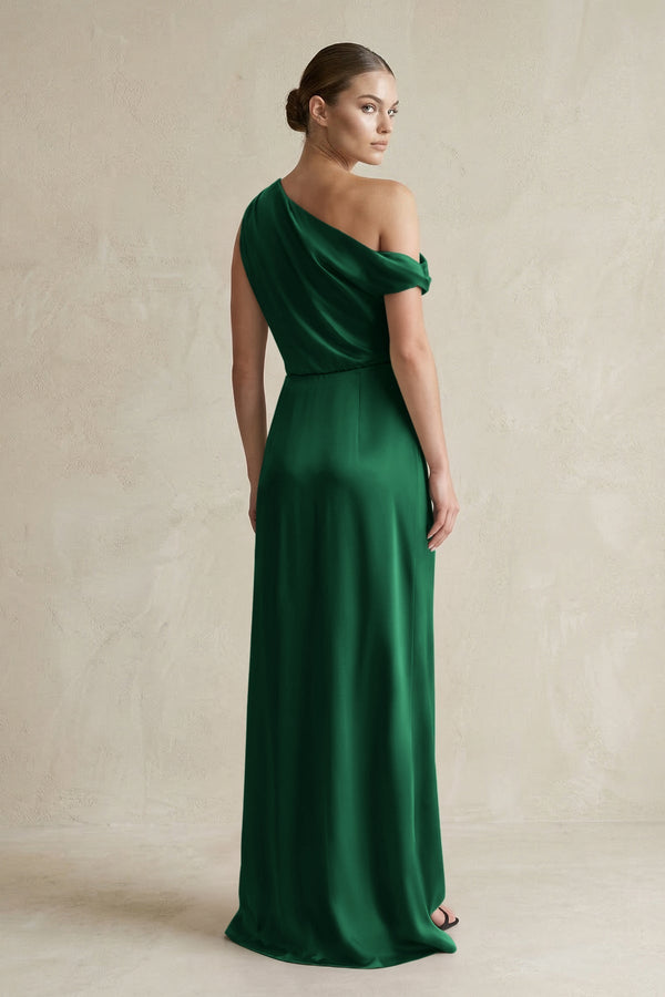 One - Shoulder Satin Sheath Bridesmaid Dress With Slit in Green - KISS BRIDAL Bridesmaid Dresses