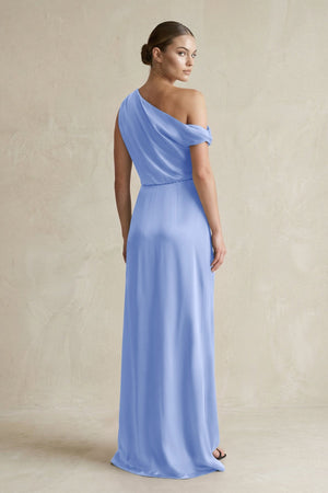 One - Shoulder Satin Sheath Bridesmaid Dress With Slit in Ice - KISS BRIDAL Bridesmaid Dresses