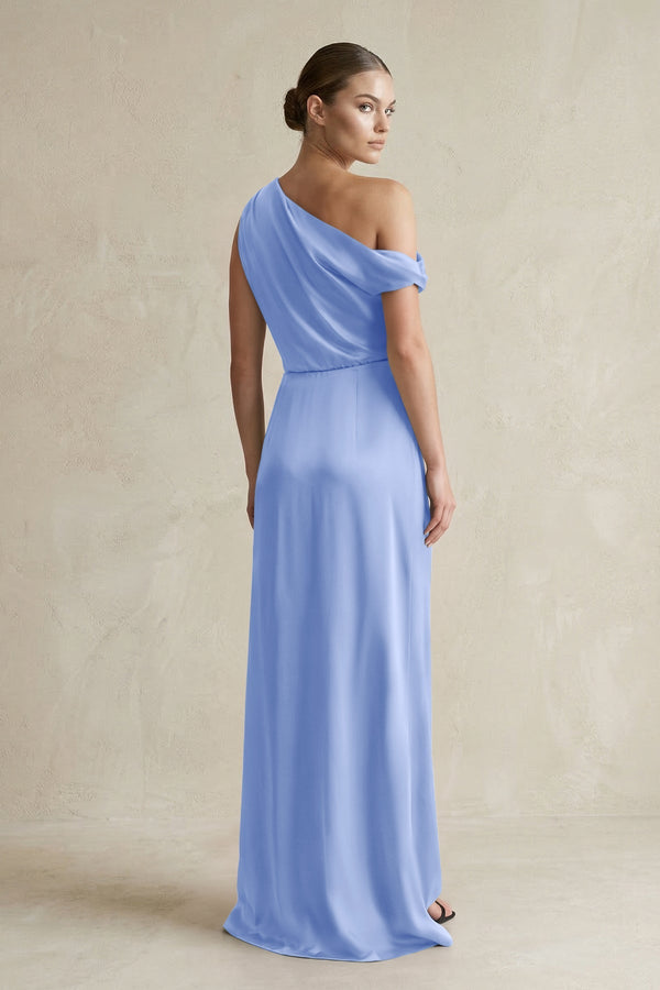 One - Shoulder Satin Sheath Bridesmaid Dress With Slit in Ice - KISS BRIDAL Bridesmaid Dresses