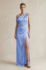 One - Shoulder Satin Sheath Bridesmaid Dress With Slit in Ice - KISS BRIDAL Bridesmaid Dresses
