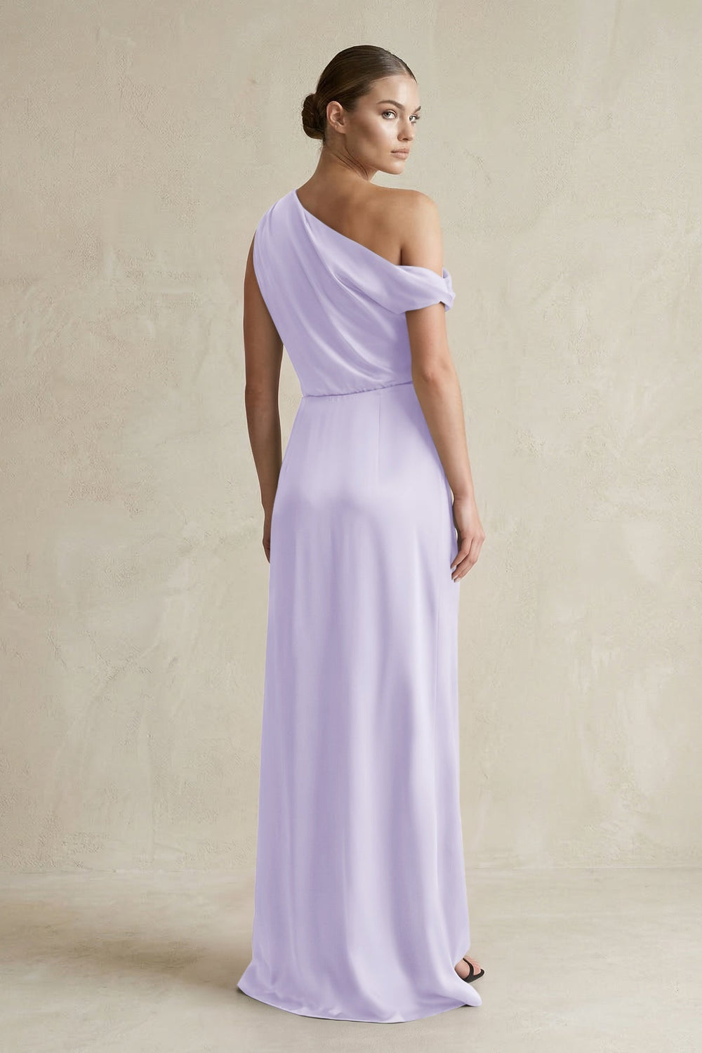 One - Shoulder Satin Sheath Bridesmaid Dress With Slit in Lavender - KISS BRIDAL Bridesmaid Dresses
