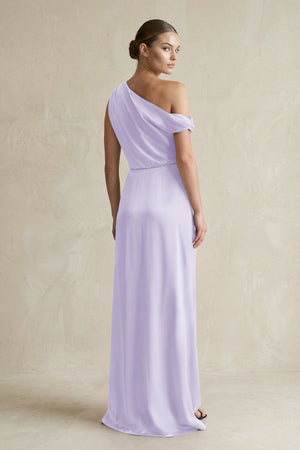 One - Shoulder Satin Sheath Bridesmaid Dress With Slit in Lavender - KISS BRIDAL Bridesmaid Dresses