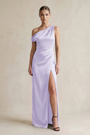 One - Shoulder Satin Sheath Bridesmaid Dress With Slit in Lavender - KISS BRIDAL Bridesmaid Dresses