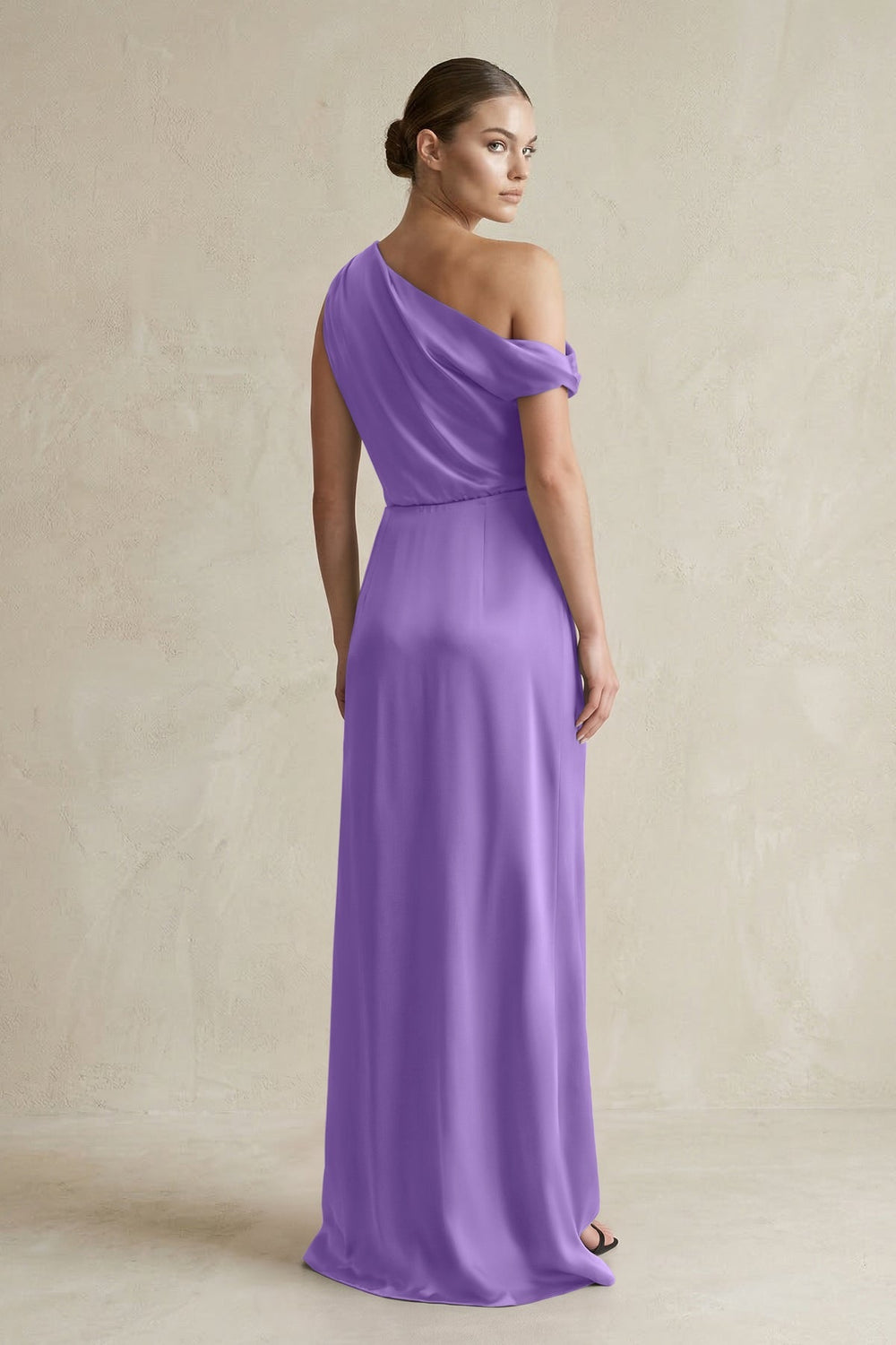 One - Shoulder Satin Sheath Bridesmaid Dress With Slit in Lilac - KISS BRIDAL Bridesmaid Dresses