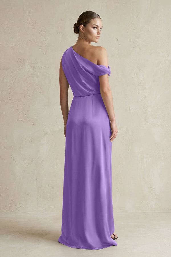 One - Shoulder Satin Sheath Bridesmaid Dress With Slit in Lilac - KISS BRIDAL Bridesmaid Dresses
