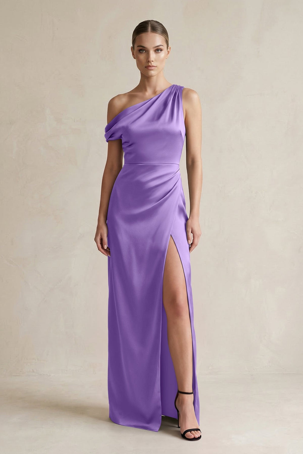 One - Shoulder Satin Sheath Bridesmaid Dress With Slit in Lilac - KISS BRIDAL Bridesmaid Dresses