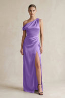 One - Shoulder Satin Sheath Bridesmaid Dress With Slit in Lilac - KISS BRIDAL Bridesmaid Dresses