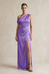 One - Shoulder Satin Sheath Bridesmaid Dress With Slit in Lilac - KISS BRIDAL Bridesmaid Dresses