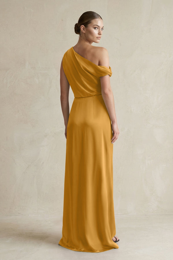 One - Shoulder Satin Sheath Bridesmaid Dress With Slit in Marigold - KISS BRIDAL Bridesmaid Dresses