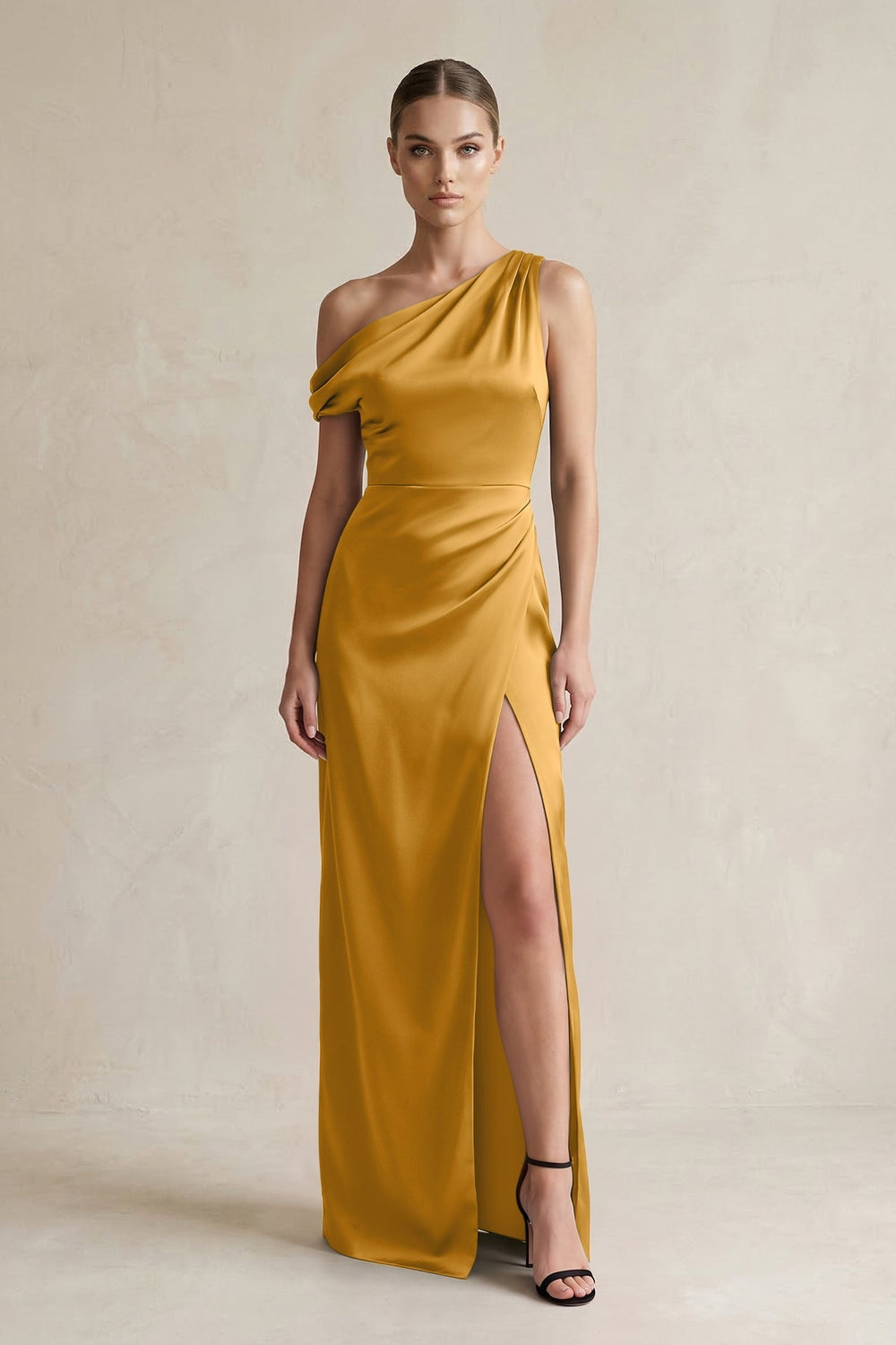 One - Shoulder Satin Sheath Bridesmaid Dress With Slit in Marigold - KISS BRIDAL Bridesmaid Dresses