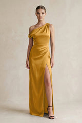 One - Shoulder Satin Sheath Bridesmaid Dress With Slit in Marigold - KISS BRIDAL Bridesmaid Dresses