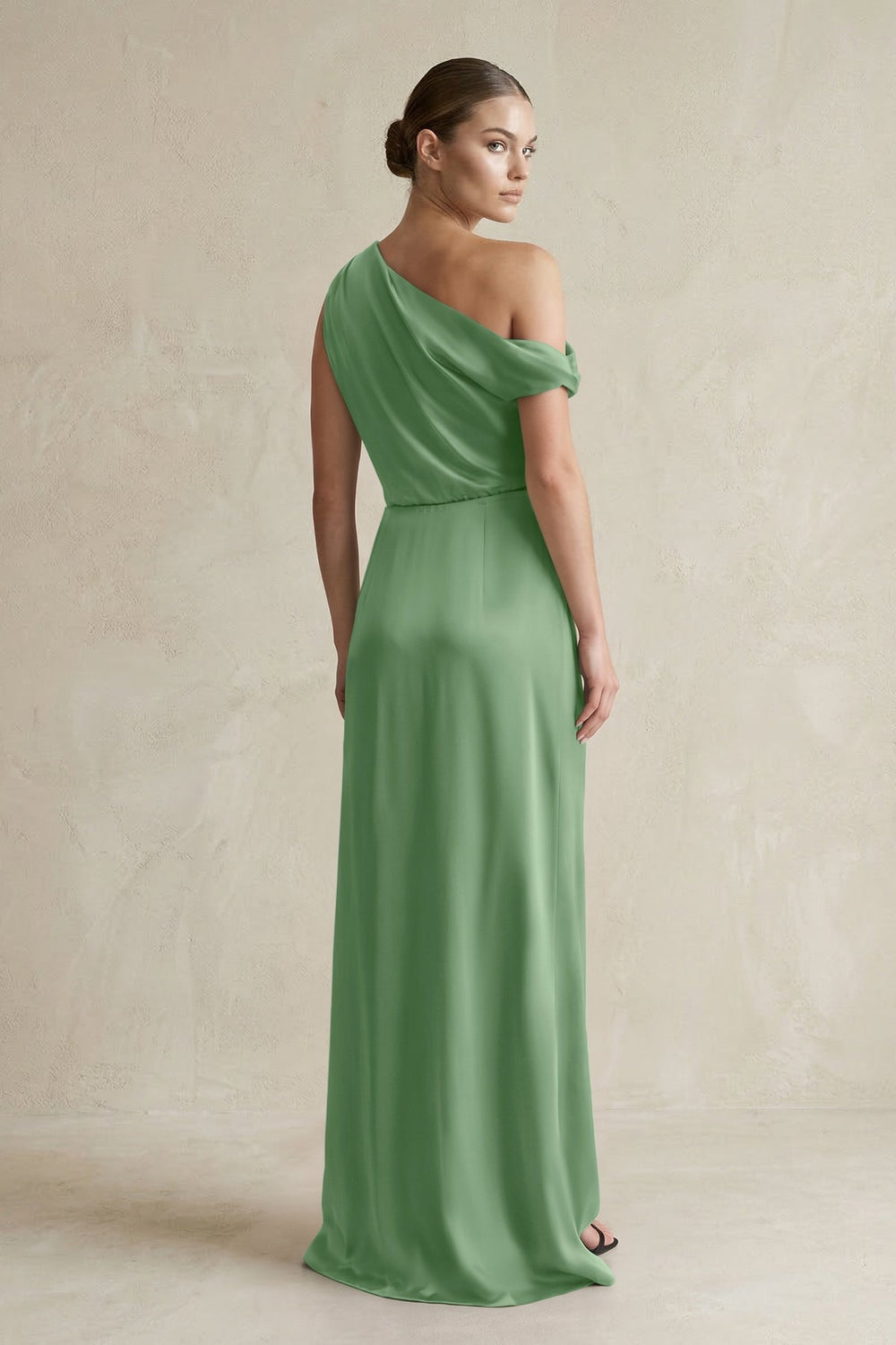 One - Shoulder Satin Sheath Bridesmaid Dress With Slit in Matcha - KISS BRIDAL Bridesmaid Dresses