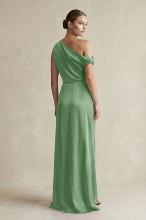 One - Shoulder Satin Sheath Bridesmaid Dress With Slit in Matcha - KISS BRIDAL Bridesmaid Dresses