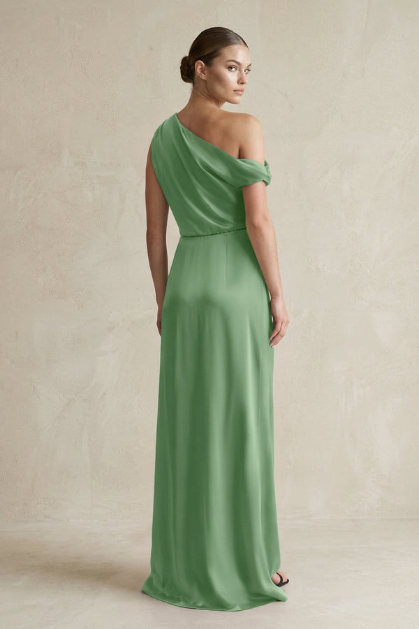 One - Shoulder Satin Sheath Bridesmaid Dress With Slit in Matcha - KISS BRIDAL Bridesmaid Dresses