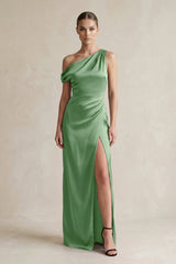 One - Shoulder Satin Sheath Bridesmaid Dress With Slit in Matcha - KISS BRIDAL Bridesmaid Dresses