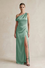 One - Shoulder Satin Sheath Bridesmaid Dress With Slit in Mint Green - KISS BRIDAL Bridesmaid Dresses