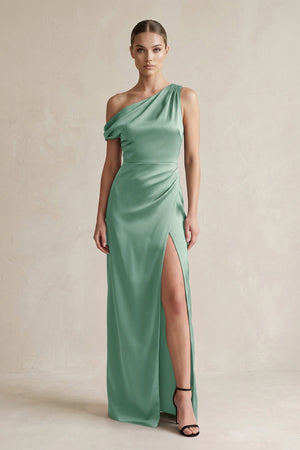 One - Shoulder Satin Sheath Bridesmaid Dress With Slit in Mint Green - KISS BRIDAL Bridesmaid Dresses