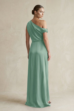 One - Shoulder Satin Sheath Bridesmaid Dress With Slit in Mint Green - KISS BRIDAL Bridesmaid Dresses