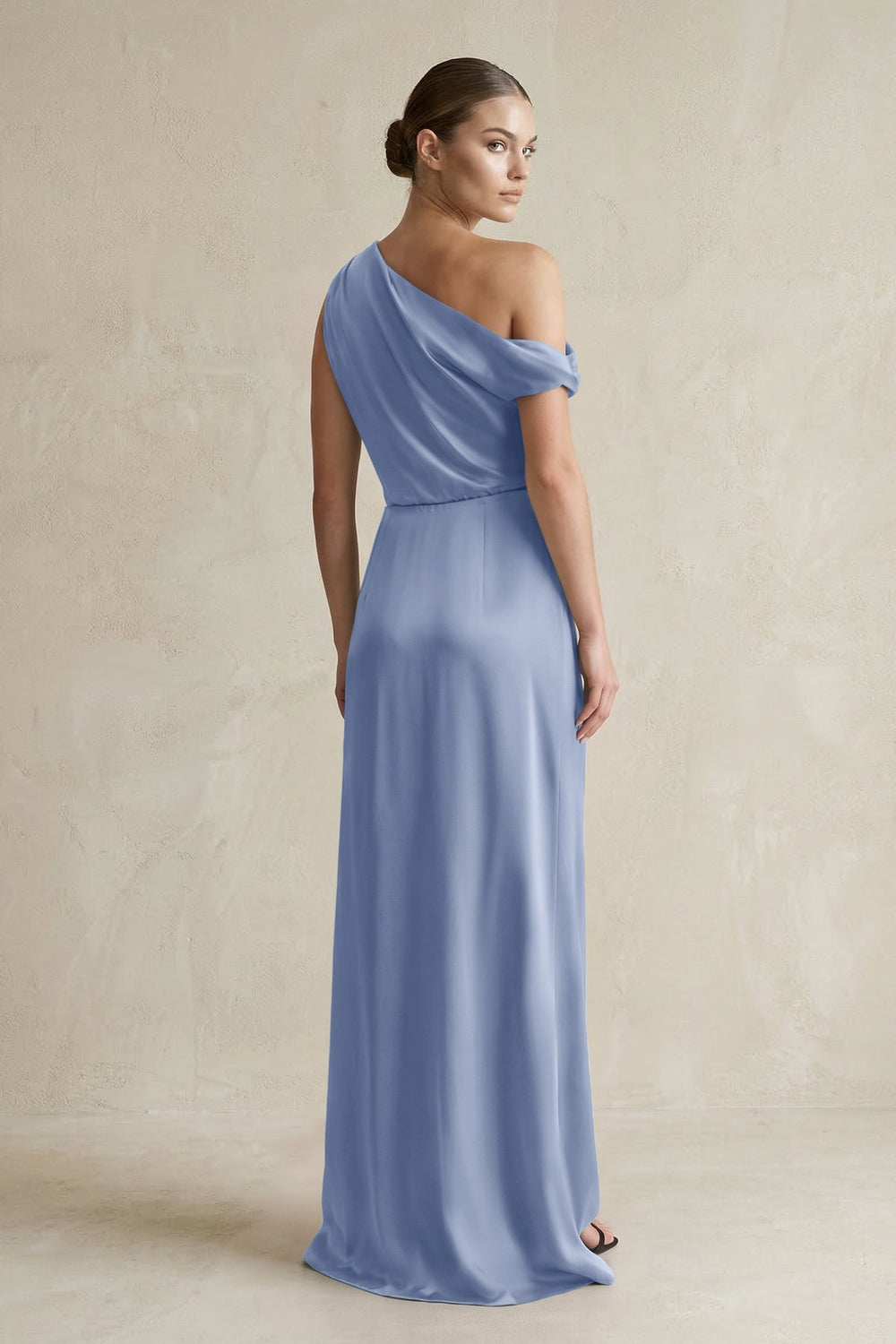 One - Shoulder Satin Sheath Bridesmaid Dress With Slit in Mist - KISS BRIDAL Bridesmaid Dresses