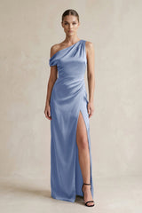 One - Shoulder Satin Sheath Bridesmaid Dress With Slit in Mist - KISS BRIDAL Bridesmaid Dresses