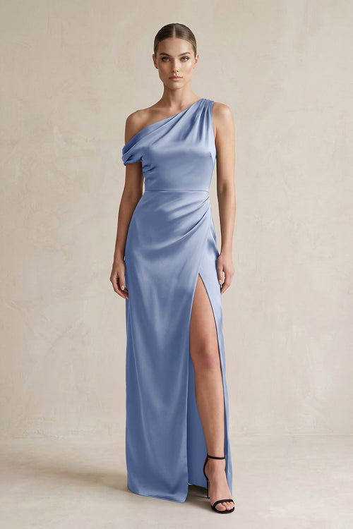 One - Shoulder Satin Sheath Bridesmaid Dress With Slit in Mist - KISS BRIDAL Bridesmaid Dresses