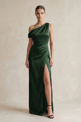 One - Shoulder Satin Sheath Bridesmaid Dress With Slit in Moss - KISS BRIDAL Bridesmaid Dresses