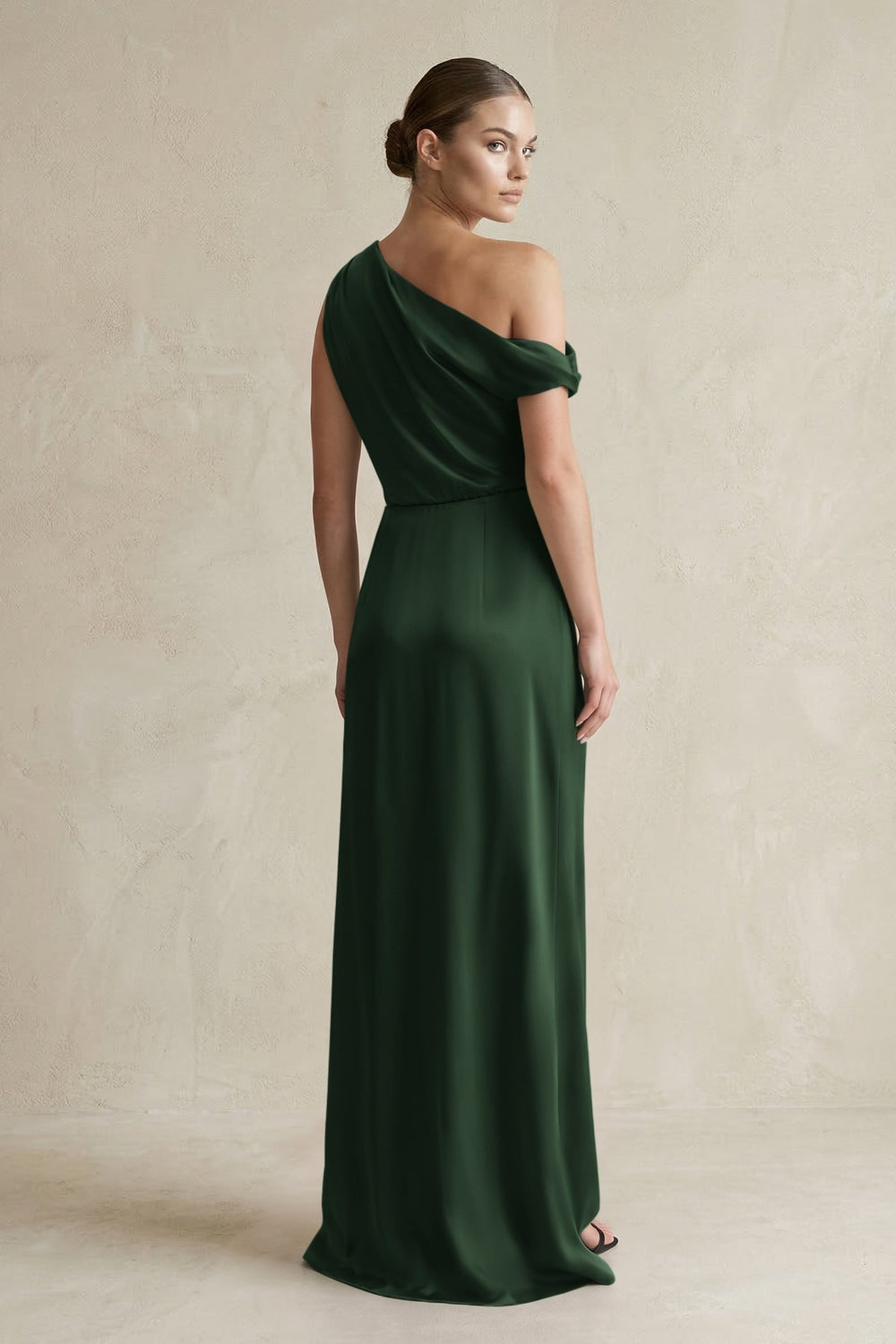 One - Shoulder Satin Sheath Bridesmaid Dress With Slit in Moss - KISS BRIDAL Bridesmaid Dresses