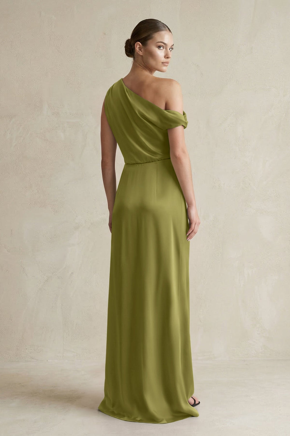 One - Shoulder Satin Sheath Bridesmaid Dress With Slit in Moss Green - KISS BRIDAL Bridesmaid Dresses