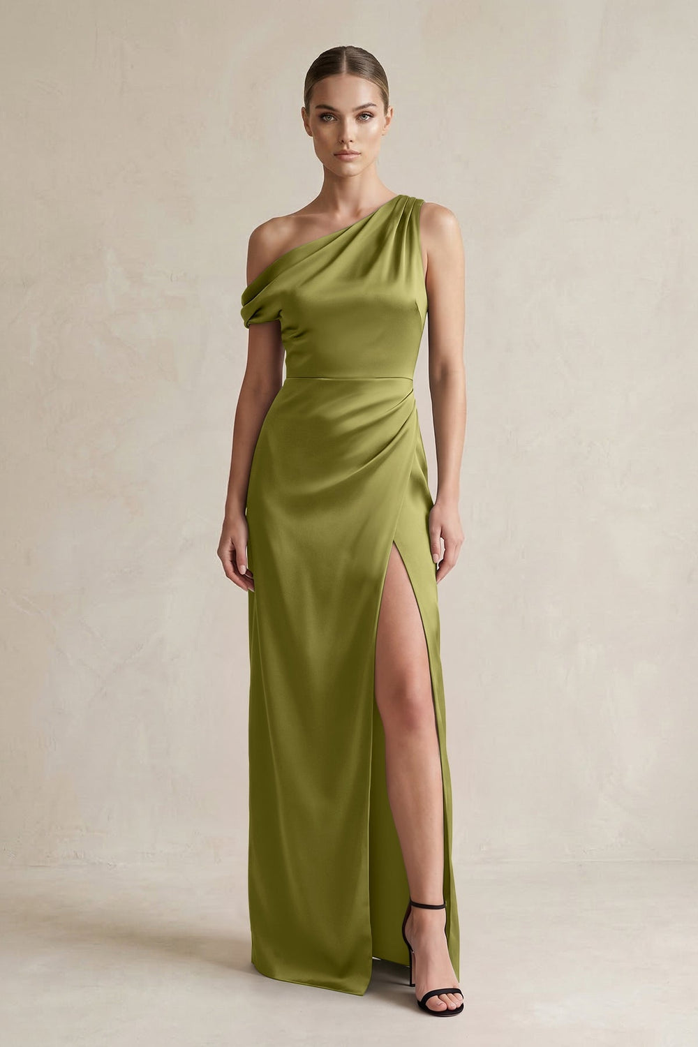 One - Shoulder Satin Sheath Bridesmaid Dress With Slit in Moss Green - KISS BRIDAL Bridesmaid Dresses