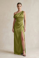 One - Shoulder Satin Sheath Bridesmaid Dress With Slit in Moss Green - KISS BRIDAL Bridesmaid Dresses