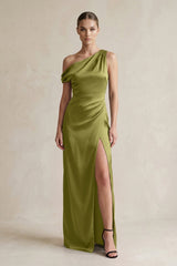 One - Shoulder Satin Sheath Bridesmaid Dress With Slit in Moss Green - KISS BRIDAL Bridesmaid Dresses