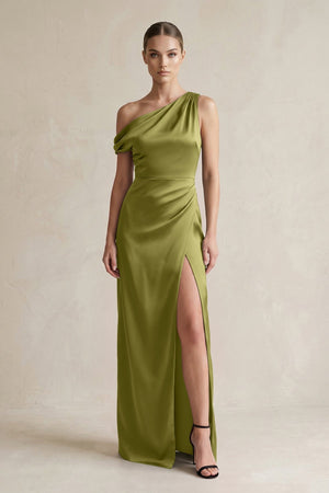 One - Shoulder Satin Sheath Bridesmaid Dress With Slit in Moss Green - KISS BRIDAL Bridesmaid Dresses