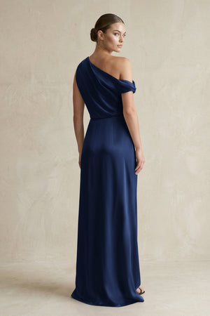 One - Shoulder Satin Sheath Bridesmaid Dress With Slit in Navy - KISS BRIDAL Bridesmaid Dresses