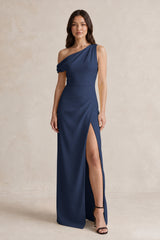 One-Shoulder Satin Sheath Bridesmaid Dress With Slit in Navy | KISSBRIDAL