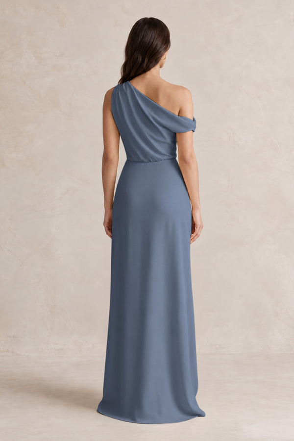 One-Shoulder Satin Sheath Bridesmaid Dress With Slit in Neptune (2) | KISSBRIDAL
