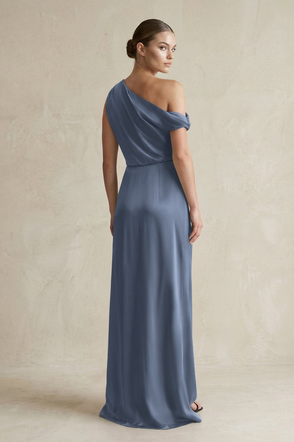 One - Shoulder Satin Sheath Bridesmaid Dress With Slit in Neptune - KISS BRIDAL Bridesmaid Dresses