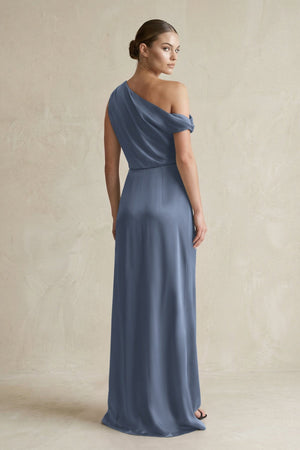 One - Shoulder Satin Sheath Bridesmaid Dress With Slit in Neptune - KISS BRIDAL Bridesmaid Dresses